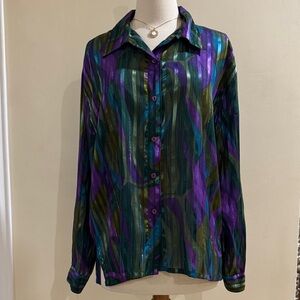 American Vintage Shimmer Wave-Print Button-Down in Purple & Green